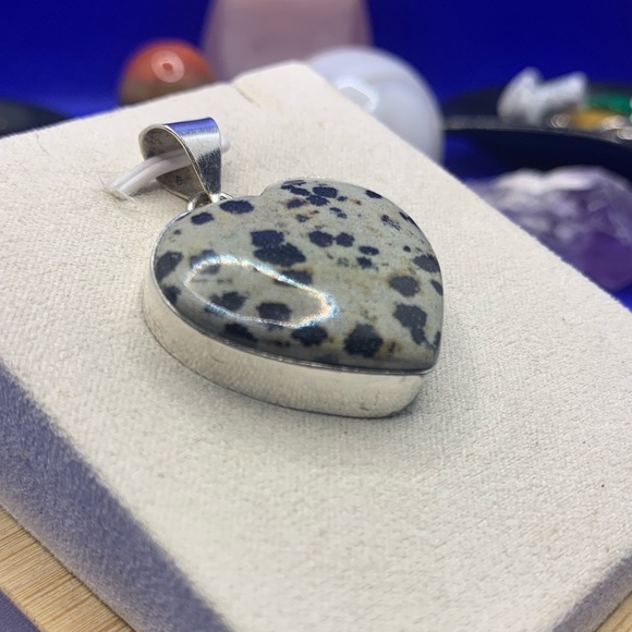 Sweet Dalmatian Stone Heart Pendant! .925 Sterling Silver Overlay - Picture 3 of 10